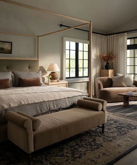 How do you combine two rugs in one room? Shea Mcgee has the formula | Shea Mcgee Bedroom, Brown Blue Bedroom, Two Rugs In One Room, Mcgee And Co Bedroom, The Mcgee Home, Shea Mcgee, Mcgee And Co, Mcgee Home, Cottage Modern