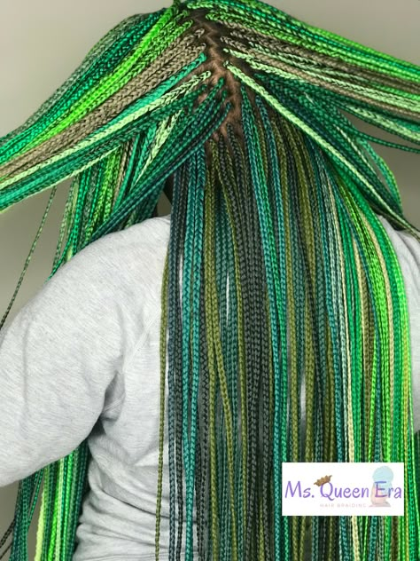 Blonde And Green Box Braids, Green And Brown Box Braids, Green Hair Styles For Black Women, Red And Green Box Braids, Blue And Green Braids For Black Women, Neon Box Braids, Green And Yellow Braids, Forest Green Braids, Blue And Green Box Braids