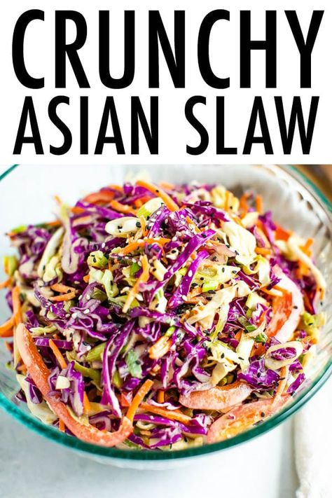 This quick and easy Asian slaw is loaded with crunchy vegetables and tossed in a flavorful Asian dressing. Perfect as a topping for tacos or as a side! #asianslaw #healthycoleslaw #eatingbirdfood Crunchy Asian Slaw, Asian Slaw Recipe, Healthy Coleslaw, Asian Dressing, Slaw Recipe, Asian Slaw, Asian Vegetables, Vegetarian Cabbage, Easy Asian