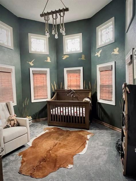 Hunter Nursery Boy, Hunting Nursery Decor, Hunter Nursery Ideas, Boho Hunting Nursery, Nursery Ideas Fishing, Wren Nursery, Cowhide In Nursery, Hunting Nursery Ideas, Nursery Country