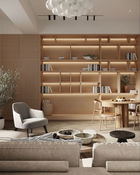 Japandi Library, Muji Style, Japandi Home, Cafe Interior Design, Laundry Room Design, Shelf Design, Apartment Inspiration, Home Library, Office Interior Design