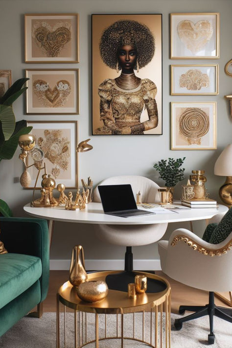 Green And Gold Office, Emerald Green Office, White Gold Office, Afro Decor, Gold Home Office, Bank Project, Office Chair White, Executive Office Design, African Aesthetic