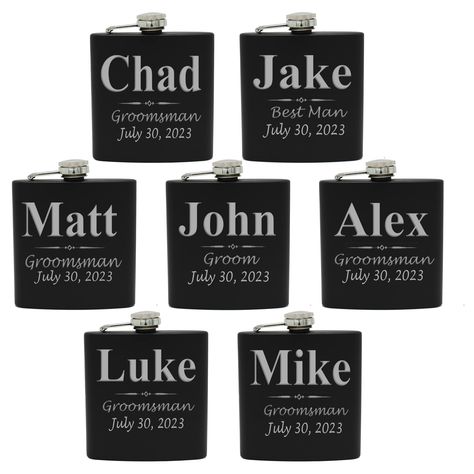 PRICES MAY VARY. FREE ENGRAVING - Customize with names, wedding roles and a date. And the price per flask automatically discounts the more you buy. Buy the flask only or choose the gift box option and it will come with a funnel, 4 shot glasses and a presentation box. SIZE - Holds 6oz of your favorite spirit and comes beautifully engraved in silver on your black matte flask GREAT GIFT - Perfect for the bachelor party or wedding day for the entire party. The groom, groomsmen, ushers, best man can Wedding Roles, Groom Gift, 1 2 3, Flask, Black