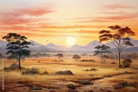 Savana Landscape, Savannah Grasslands, Savanna Diorama, Savannah Illustration, Savannah Watercolor, African Landscape Painting, Savannah Africa, Bush Painting, Africa Illustration