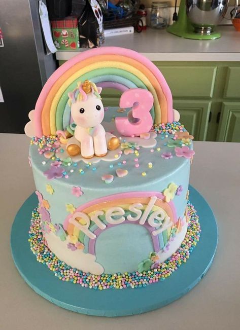 Birthday Cake With Unicorn, 3rd Year Birthday Cake, Unicorn Cake Birthday Simple, Rainbow Caticorn Cake, Unicorn Cake For 3rd Birthday, Unicorn Cakes Birthday, Small Unicorn Cake Birthday, Unicorn Inspired Cake, Rainbow Cake With Unicorn