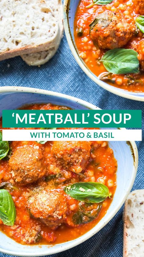 Tomato Meatball Soup, Low Calorie Meatballs, Low Calorie Tomato Soup, Giant Couscous, Vegetarian Stew, Meatball Soup Recipes, Low Carb Meatballs, Vegan Meatballs, Green Pesto