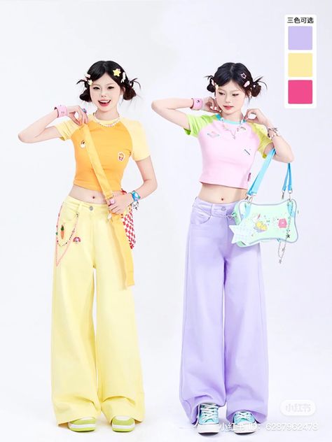 Y2k Colorful Outfits, City Pop Aesthetic Outfits, Korean Fashion Colorful, K Pop Outfits, Citypop Fashion, Peony Aesthetic, Pop Outfits, Street Outfits, Girl Fashion Style