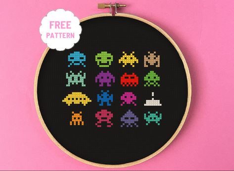 Free Pattern - Invaders for real gamers ^^ | White Raven Cross Stitch Club on Patreon Gamer Cross Stitch, Raven Cross Stitch, Geeky Cross Stitch, White Raven, Cross Stitch Love, Space Invaders, Cross Stitch Patterns Free, Free Cross Stitch, Embroidery Art