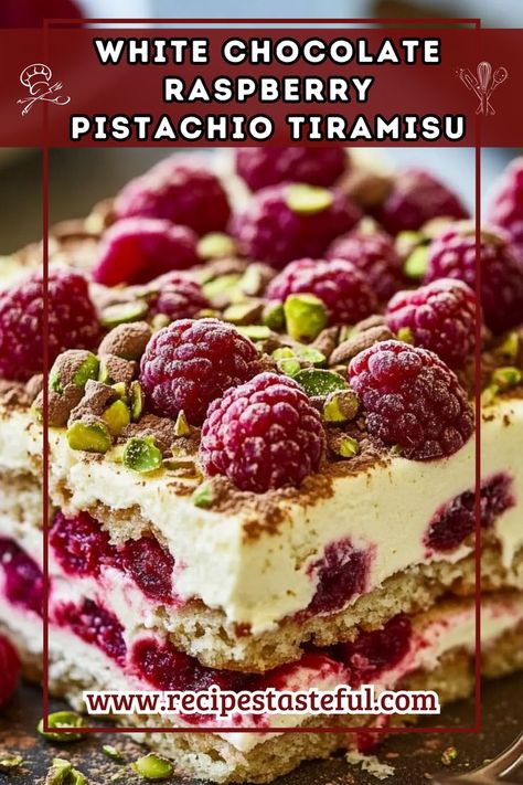 A decadent twist on traditional tiramisu, featuring layers of creamy white chocolate, tangy raspberry compote, and crunchy pistachios. This dessert is perfect for special occasions or as a delightful treat to share with family and friends. Raspberry Pistachio Tiramisu, Different Flavors Of Tiramisu, Pistachio Raspberry Dessert, Chocolate Terrine Recipe, Fruit Tiramisu Recipe, Pistachio Pastry Cream, Desserts With Pistachios, Easy Desserts For New Years Eve, Raspberry Tiramisu Recipe