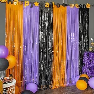 3 Pack Halloween Party Photo Backdrop 
🎃【 PACKAGE 】: 3 pack Orange Purple Black foil fringe curtains, perfect for HALLOWEEN party Thanksgiving party photo backdrop decorations. 🎃【 TINSEL MATERIAL 】 
🎃【 EASY TO APPLY 】 
🎃【 SHINY PARTY BACKDROP 】 
🎃【 WIDELY APPLICATIONS Halloween Party Photo Booth, Halloween Streamers, Halloween Party Backdrop, Halloween Birthday Party Decorations, Outdoor Halloween Parties, Fringe Curtains, Halloween Party Photo, Halloween Photo Booth, Streamer Backdrop