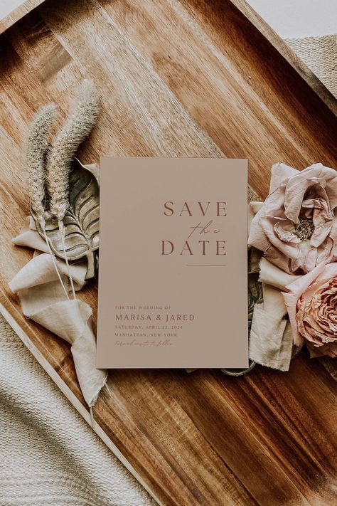 "Are you looking for a modern wedding save the date to announce your big day? Look no further than our beautiful boho-inspired save the date card -designed with a dusty pink-sandstone coloured background and terracotta coloured text. Perfect for the DIY bride as it can be customized to suit your unique style. Our templates allow you to easily change the text and colours to suit your preferences and add those special touches to your wedding stationery.  Save time and money without compromising on quality or style by bundling your stationery. ♥ PLEASE NOTE - this is a digital download / template. No physical product will be shipped. Once you have placed your order you will receive a link to edit your template online using the free software Canva. No waiting for designers - get access immedia Simple Boho Save The Dates, Boho Chic Save The Date, Save The Date Ideas Boho, Boho Wedding Save The Date, Neutral Save The Dates, Diy Save The Date Ideas, Save The Date Ideas For Weddings, Boho Save The Dates, Dusty Pink Wedding Invitations