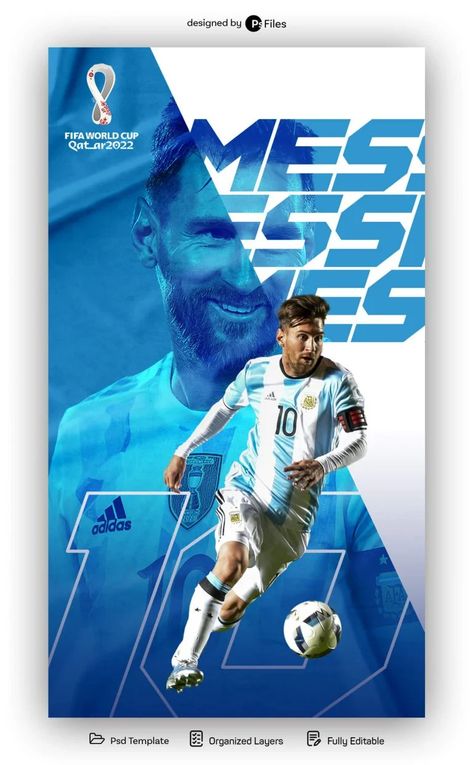 World Cup Argentina Lionel Messi Social Media Poster Design PSD Free Sports Creative Poster, Messi Poster Graphic Design, Psd Free Photoshop Templates, World Cup Poster Design, Sport Social Media Design, Sports Social Media Design, Sport Poster Design Ideas, Messi Design, Football Poster Design