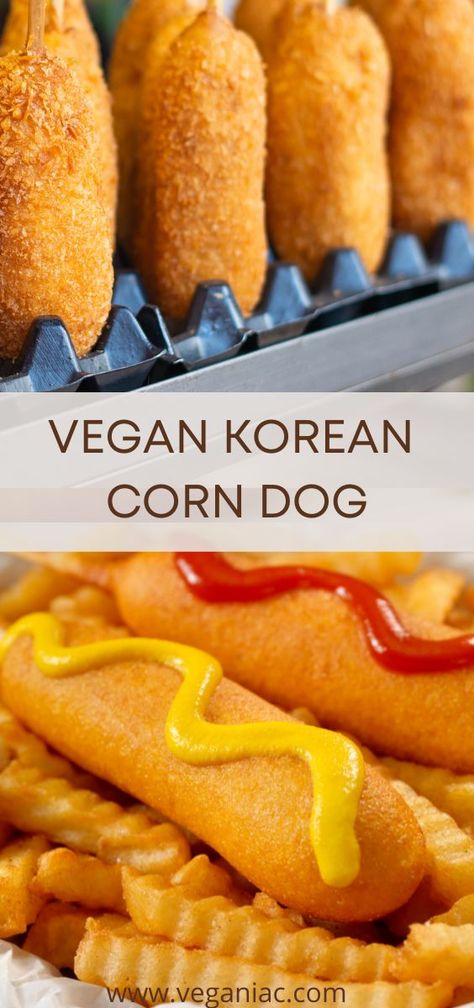 This vegan Korean corn dog dish should absolutely be on your to-make list this week! They are basically a vegan version of mozzarella sticks or hot dogs that have been breaded, deep-fried, sugar-coated, and sprinkled with mustard and ketchup. They’re the yummiest and most enjoyable snack I’ve had in a long time! The best part is that these vegan Korean corn dogs are extremely simple to make! #vegancorndog Vegan Corn Dogs, Ideas Para La Cena, Resep Vegan, Edgy Veg, Corndog Recipe, Vegetarian Nutrition, Vegan Meat, Corn Dog, Vegan Appetizers