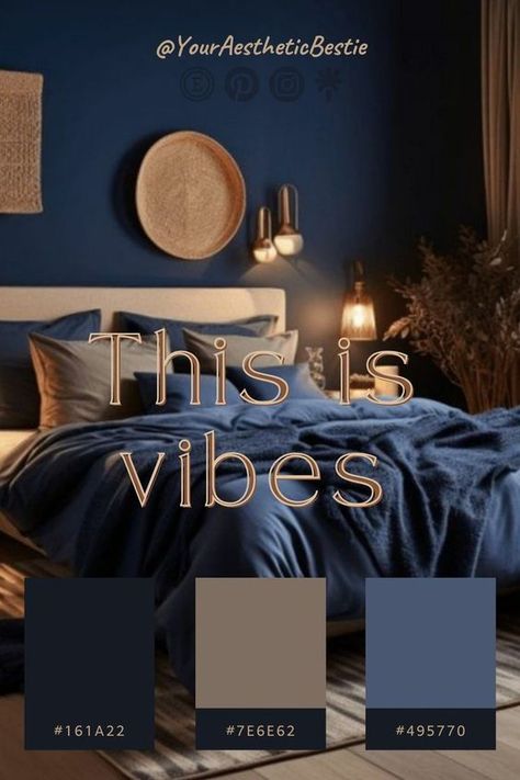 Navy Blue And Cognac Bedroom, Dark Blue And Tan Bedroom, All Navy Bedroom, Dark Blue Bedroom Color Scheme, Blue Palette Bedroom, Navy Blue Earthy Bedroom, Bedroom Inspirations Master Color Schemes Navy Blue, Neutral Blue Bedroom Ideas, Bedroom Color Schemes Relaxing Blue