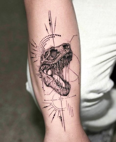 Dinosaur Tattoo Ideas, T Rex Tattoo, Fierce Tattoo, Dinosaur Tattoo, Dinosaur Tattoos, Skeleton Tattoos, Greek Tattoos, Gaming Tattoo, Skull Tattoo Design