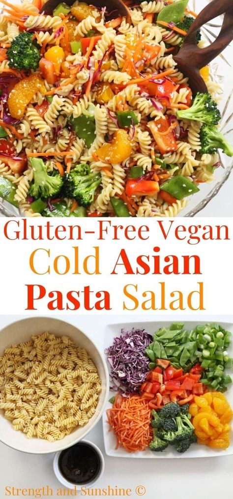 Asian Pasta Salad (Gluten-Free, Vegan) | Strength and Sunshine | The most delicious Asian Pasta Salad recipe that's gluten-free, vegan, and allergy-friendly! This super easy and flavor-packed cold pasta salad is loaded with bright and crisp fresh veggies and tossed with an amazing soy-free dressing that's the perfect balance of tangy, sweet, spicy, and umami! Perfect for a potluck or side dish to feed a crowd! Asian Pasta Salad Recipes, Gluten Free Pasta Salad Recipes, Gluten Free Vegan Pasta, Gluten Free Potluck, Asian Pasta Salad, Asian Pasta Salads, Asian Pasta, Vegetarian Pasta Salad, Gluten Free Pasta Salad