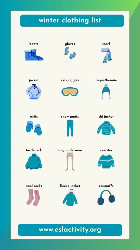 Check out this winter clothing name chart in English. Learn the names of the clothes that you can wear in cold weather. #canada #clothes #winter #boot #boots #jackiet #coat #ski #gloves #mitt #toque Winter Season Clothes, Trivia Questions For Kids, Ielts Vocabulary, Canada Weather, Canada Clothes, Teaching Esl, Korean Winter, Esl Vocabulary, Confusing Words