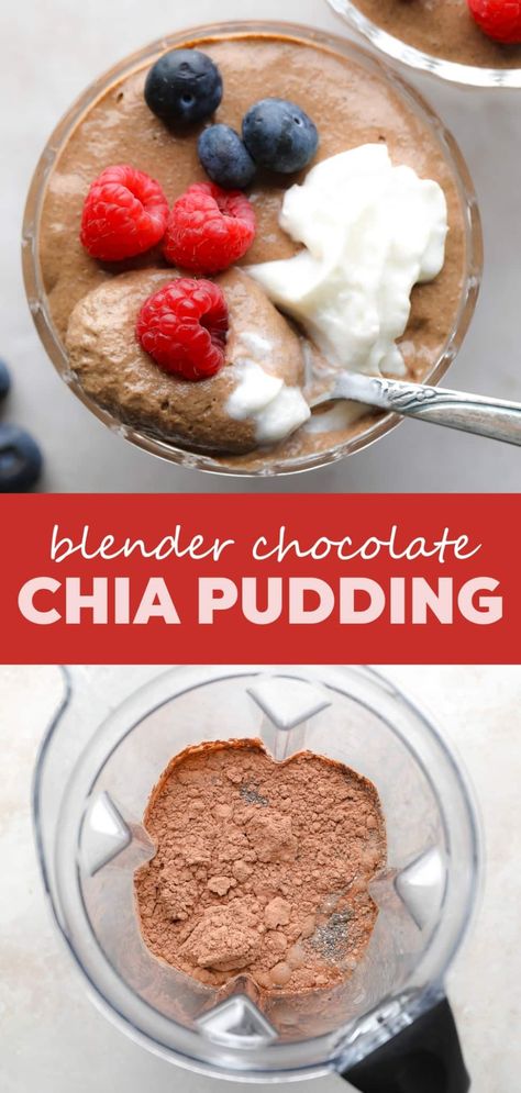 This Chocolate Chia Pudding recipe is blended so you don't notice the seeds! An easy and healthy breakfast or snack made with only 5 ingredients. Chocolate Chia Pudding Recipe, Smooth Chia Seed Pudding, Blended Chia Seed Pudding Recipe, Desserts With Chia Seeds, Chocolate Chia Seed Pudding Recipe, Chocolate Coconut Chia Pudding, Chi Pudding Recipes Healthy, Chia Pudding Blended, Chia Seed Pudding Blended