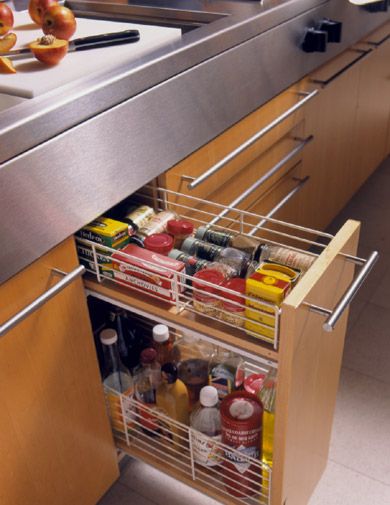 I love my kitchen drawers at the cottage for pots/pans/pyrex. Always struggle with the measuring cups, travel coffee, water bottles storage, this might work well. Base Cabinet Storage, Organized Kitchen, Kitchen Pulls, Kitchen Drawer, Kitchen Storage Solutions, Kitchens And Bedrooms, Kitchen Cabinet Doors, Wire Basket, Kitchen Cabinet Storage