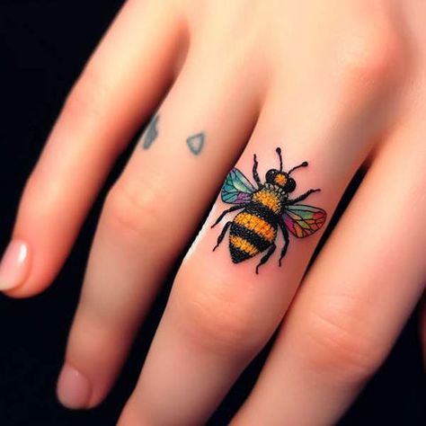 50 Elegant Bee Tattoo Ideas And Their Inspiring Meaning – Tattoo Inspired Apparel Beautiful Bee Tattoo, Busy Bee Tattoo, Bumble Bee Wrist Tattoo, Birds And Bees Tattoo, Bumble Bee Hand Tattoo, Bee Present Tattoo, Bee Tattoo On Finger, Bee Tattoo Traditional, Sunflower Bee Tattoo