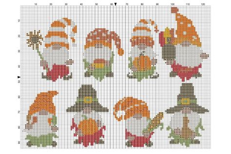 Fall Gnome Cross Stitch Pattern Free, Free Thanksgiving Cross Stitch Patterns, Thanksgiving Gnomes, Cross Stitch Pattern Free, Cross Stitch Free, Gnome Cross Stitch, Autumn Cross Stitch Patterns, Fall Gnomes, Fall Cross Stitch