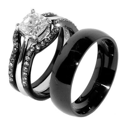 His & Hers 4 PCS Black IP Stainless Steel Wedding Ring Set Mens Matching Band | eBay Mafia Wedding, Princess Wedding Rings, Wedding Set Rings, Gold Stacking Rings, Wedding Bands For Him, Matching Wedding Rings, Wedding Ring Ideas, Set Rings, Black Wedding Rings