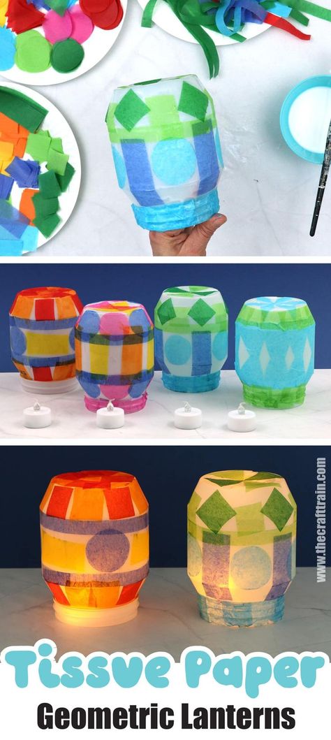 DIY night lights made from recycled containers decorated with tissue paper Recycled Crafts Kids Projects, Lantern Crafts For Kids, Kids Lantern, Tissue Paper Lanterns, Lantern Crafts, Recycled Crafts Kids, Lantern Craft, Vbs Crafts, Paper Rose