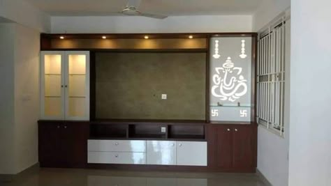 Pooja Room Attached With Tv Unit, Puja Unit Design In Living Room, Tv Cabinet With Pooja Unit, Pooja Cabinet, Simple Tv Unit Design, Puja Unit, Tv Unit Designs, Pooja Unit, Tv Showcase