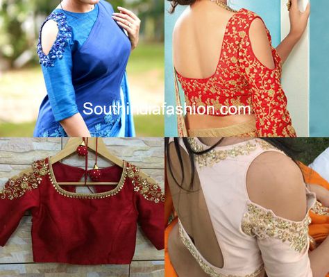 EMBROIDERED-SHOULDER-CUT-OUT-COLD-SHOULDER-BLOUSE-DESIGNS Cold Shoulder Blouse Indian, Cold Shoulder Saree Blouse, Blouse Ke Design, Cold Shoulder Blouse Designs, Garara Dress, Blouse Designes, Sari Blouses, Blouse Back Neck, Kalamkari Blouse