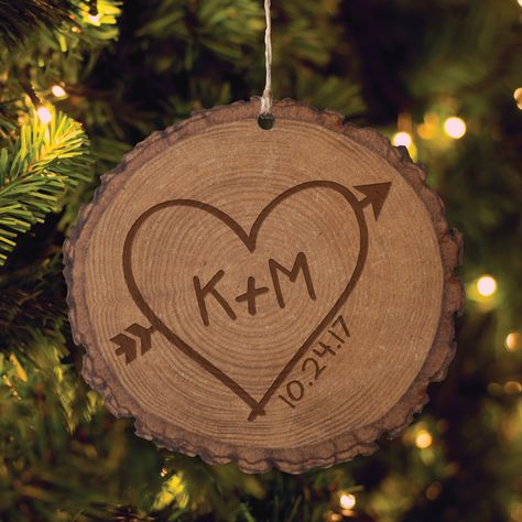 Free 2-day shipping on qualified orders over $35. Buy Personalized Heart Of Love Bark Ornament at Walmart.com Couple Ornaments Diy, Wood Burned Gifts, Heart Of Love, Couple Crafts, Couples Christmas Ornament, Couples Ornaments, Homemade Ornaments, Wood Burning Crafts, Wood Slice Ornament