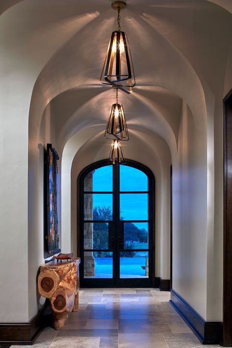 Barrel Vault Ceiling Hallway, Vault Ceiling Lighting, Groin Ceiling, Groin Vault Ceiling, Vault Ceiling, Natural Wood Console Table, Ceilings Ideas, Vaulted Ceiling Lighting, Mediterranean Luxury