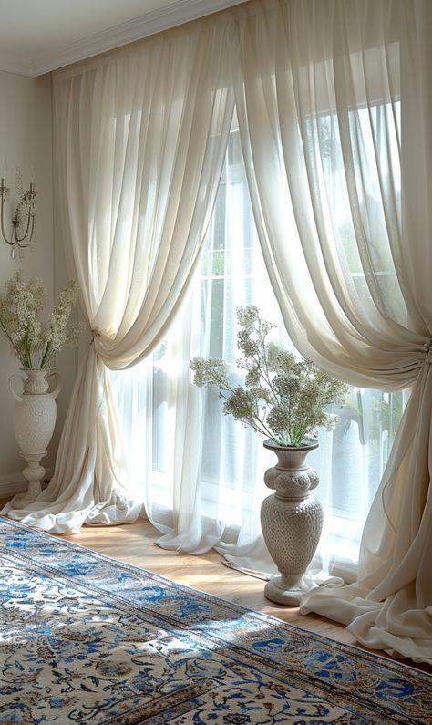 Romantic House Decor, Sheer Curtain Ideas, Curtain Designs For Bedroom, High Curtains, Romantic Living Room, Curtains Sheer, Curtain For Living Room, Elegant Curtains, Stylish Curtains