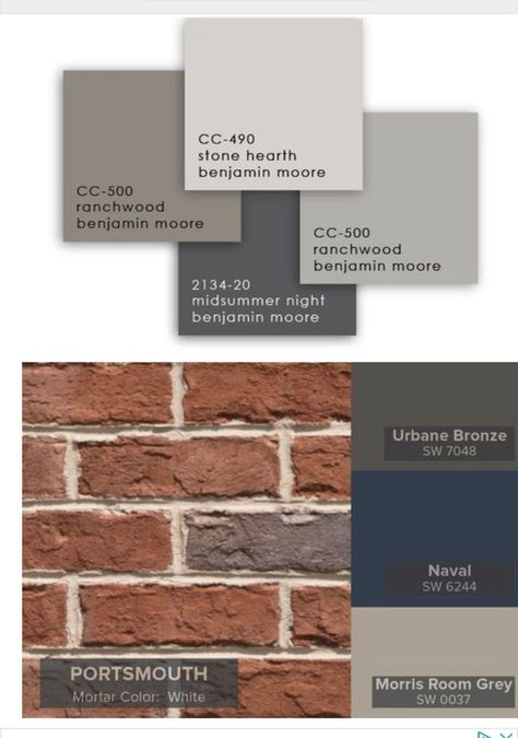 Outdoor Paint Colors For House With Brick, Red Brick Columns Front Porches, Brick House Dark Trim Exterior, Colors That Match Red Brick, Outside Paint Colors Home Exteriors Gray, Liberty Pewter Sherwin Williams, Colors For Red Brick House Exterior, House Paint Exterior Colour Schemes With Red Brick, Exterior Shutter Colors On Brick