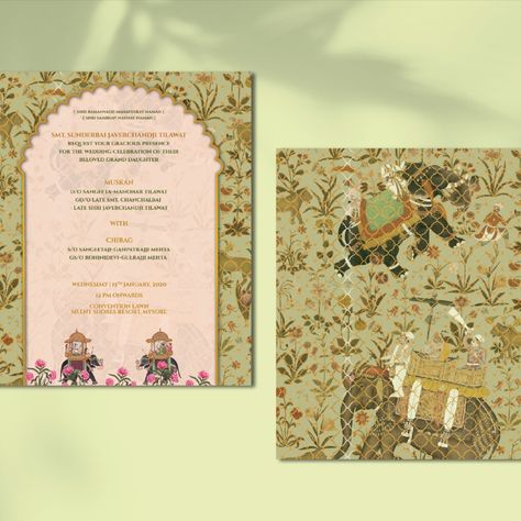 Inspired by palatial opulence, this wedding invite was designed for a traditional affair. The wedding venue being Mysore, a lot of inspiration was drawn from tropical foliage & intricate details of a South Indian Palace, christened with the grandeur of quintessential Mysore elephants. We designed the invite card with inserts and an envelope, stationery for the couple and a few giveaways at the wedding. South Indian Wedding Invitation Cards, Indian Palace, Ethnic Print Pattern, Illustrations Ideas, South Indian Wedding Saree, Square Wedding Invitations, Wardrobe Planner, Invites Wedding, Invite Card