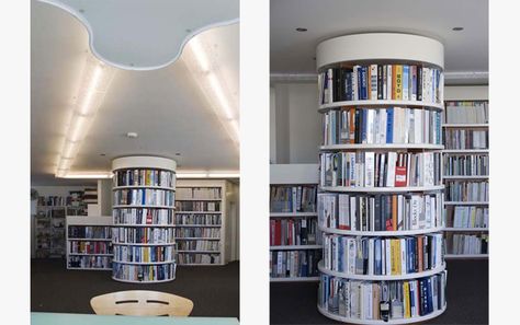 In a Surry Hills office a circular bookshelf wraps around a steel column.   The shape is ideal to store catalogue folders, as with their wed... Pillar Bookshelf, Column Bookshelf, Circular Bookshelf, Column Design Ideas, Columns Design, Study Designs, Column Cladding, Column Ideas, Luigi Rosselli