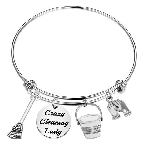 PRICES MAY VARY. Description: House cleaner bracelet features a round charm engraved with ‘Crazy Cleaning Lady’, a gloves charm, a bucket charm and a broom charm. Funny housekeeping gifts for housekeeper, homemaker, cleaning staff or cleaning lovers. Material: stainless steel bracelet, it is lead free and nickel free. Stainless Steel is hypo allergenic, it doesn’t rust, change color or tarnish. Easy to store and durable. Size: The adjustable wire bangle of housekeeping bracelet is 6.3 cm and the Coworker Appreciation, House Cleaner, Cousin Gifts, Cleaning Lady, Lady A, Gifts For Aunt, A Broom, Wire Bangles, Gifts For Teachers