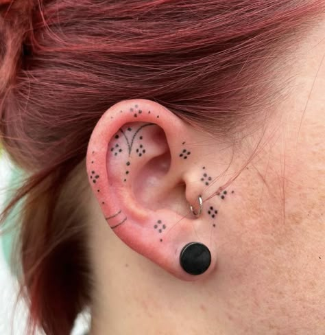 Dots On Ear Tattoo, Ear Tattoo Dots, Dainty Ear Tattoos, Ear Tattoo Inner, Ear Tats, Inner Ear Tattoo, Tats Ideas, Tattoos Inspo, Tattoo Board