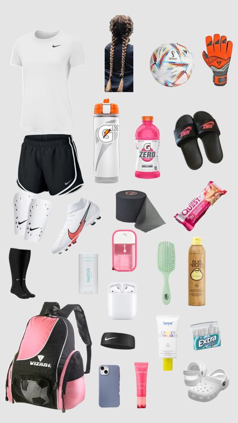 Soccer Bag Essentials List, Soccer Outfit Ideas, Soccer Essentials Girls Products, Girls Soccer Outfit, Soccer Camp Packing List, Soccer Fits Women, Soccer Must Haves, Girl Soccer Outfits, Soccer Necessities