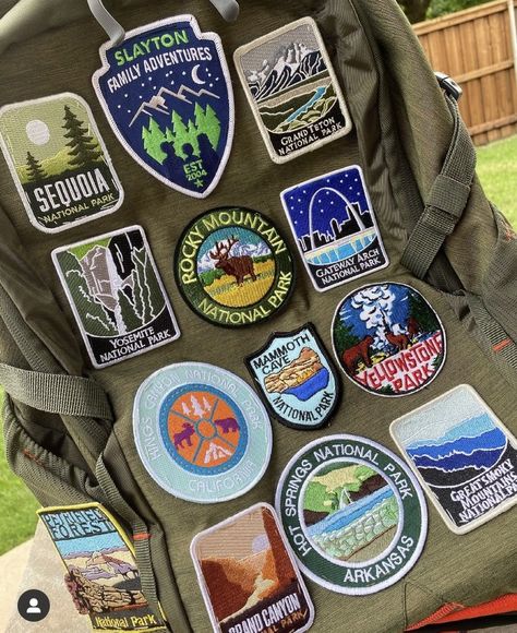 Travel Patches Backpack, Backpack Patches Aesthetic, Backpack Pins And Patches, Backpack With Patches And Pins, Patches On Backpack, Park Ranger Aesthetic, Backpack With Pins, National Park Patches, Adventure Picture