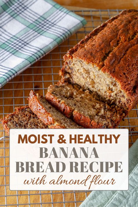 This almond flour banana bread recipe is easy, healthy, and moist. Ideal for a vegetarian-friendly snack. A banana bread recipe healthy eaters will adore. Banana Bread Recipe Easy Healthy, Almond Flour Banana Bread Recipe, Best Healthy Banana Bread Recipe, Banana Bread Almond Flour, Healthy Baked Snacks, Almond Bread Recipe, Almond Flour Banana Bread, Bread Recipe Healthy, Almond Banana Bread