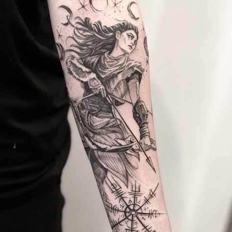 Tattoos Inner Bicep, General Tattoo, Sagittarius Tattoos, Inside Bicep Tattoo, Bicep Tattoo Women, Artemis Tattoo, Archer Tattoo, Sagittarius Tattoo Designs, Female Warrior Tattoo