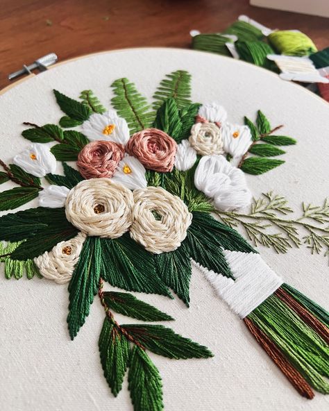 Wedding bouquet close up 💚💐 #embroideredflowers #embroidery #embroiderylove #customgifts #handmadewithlove #handembroidery #weddingbouquets Embroidery Wedding, Embroidered Wedding, Fiber Arts, Wedding Bouquet, Embroidered Flowers, Fiber Art, Customized Gifts, Hand Embroidery, Close Up