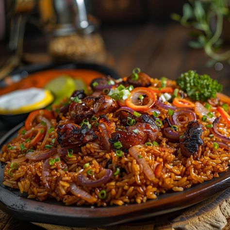 West African Delight: Chef's Special Jollof Rice - Short Grain Food Truck East African Food Tanzania, African Food Ideas, Rwanda Food, African Dishes Nigerian Food, African Fried Rice, Ghana Fufu, Soul Food Brunch, Angolan Food, Rice Flavors