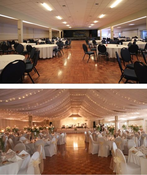 Reception In A Gym, Wedding Decorations Banquet Hall, Ceiling Drapes Wedding Reception Halls, Indoor Hall Wedding Decor, Gym Wedding Reception Decoration Ceiling Draping, Gym Wedding Reception Decoration, Banquet Hall Wedding Decor, Gym Wedding Reception, Small Wedding Hall