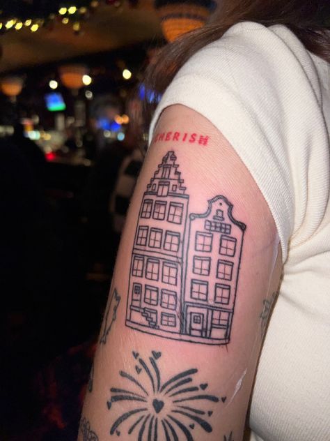 Townhouse Tattoo, Small Amsterdam Tattoo, Amsterdam Stamp Tattoo, Amsterdam House Tattoo, Amsterdam Houses Drawing, Canal House Amsterdam, Amsterdam Tattoo, House Tattoo, Amsterdam Houses