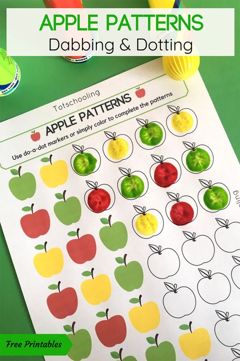 FREE printable Apple themed coloring activity for preschool and kindergarten kids. Use dot markers or any kind of coloring utensils to complete the apple patterns! Great math activity for Back to School or Fall! Preschool Apple Theme, September Preschool, Apple Lessons, Activity For Preschool, Apple Preschool, Fall Preschool Activities, Apple Activities, Do A Dot, Apple Theme