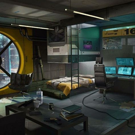 Cyberpunk Room Interiors, Cyberpunk Bedroom, Cyberpunk Apartment, Cyberpunk Interior, Cyberpunk Room, Futuristic Bedroom, Spaceship Interior, Sci Fi Environment, Futuristic Interior