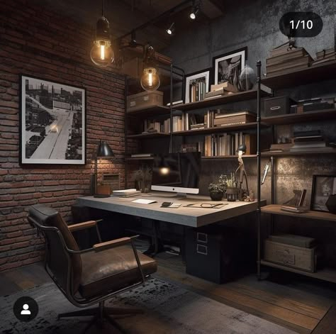 Coolest Home Office, Industrial Room Decor, Home Office Decor Dark, Male Home Office, Dual Office, Office Design Inspo, Tech Setup, Industrial Home Offices, Modern Home Offices