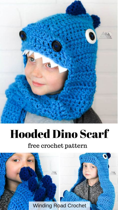 Crochet dinosaur hooded scarf for kids. Free crochet pattern by Winding Road Crochet. #dinosaur #scarf #crochetscarf #hoodedscarf Dinosaur Scarf, Dinosaur Hat Pattern, Crochet Dinosaur Hat, Dragon Scarf, Crochet Hooded Scarf Pattern, Crochet Kids Scarf, Winding Road Crochet, Scarf With Pockets, Crochet Scarf Easy