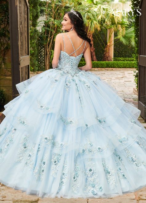 You'll love twirling around in this 3D floral applique long sleeveless dress with A-line skirt by Mary's Bridal Quinceanera MQ2124. Tiered tulle ball gown with delicate 3-dimensional floral embroidery and sparkling crystal hand beading. The gown features a scooped neckline, beaded spaghetti straps and a corset back. The gown finishes with horsehair trim and a sweep train. The matching bolero jacket is included. Mary's Bridal La Reina Collection: Spring 2021 Style Number: MQ2124 Fabric: Tulle, Ap Floral Quinceanera Dress, Long Sleeveless Dress, Quinceñera Dresses, Mary's Bridal, Formal Prom Dresses Long, Tulle Balls, Dream Wedding Venues, Fantasy Dresses, Princess Ball Gowns